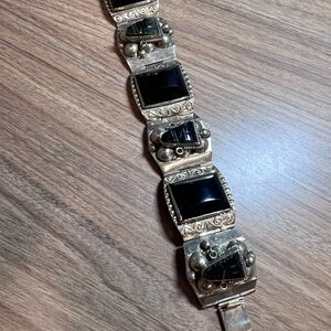 VINTAGE TAXCO MEXICO STERLING SILVER CARVED MASK BRACELET BLACK ONYX
